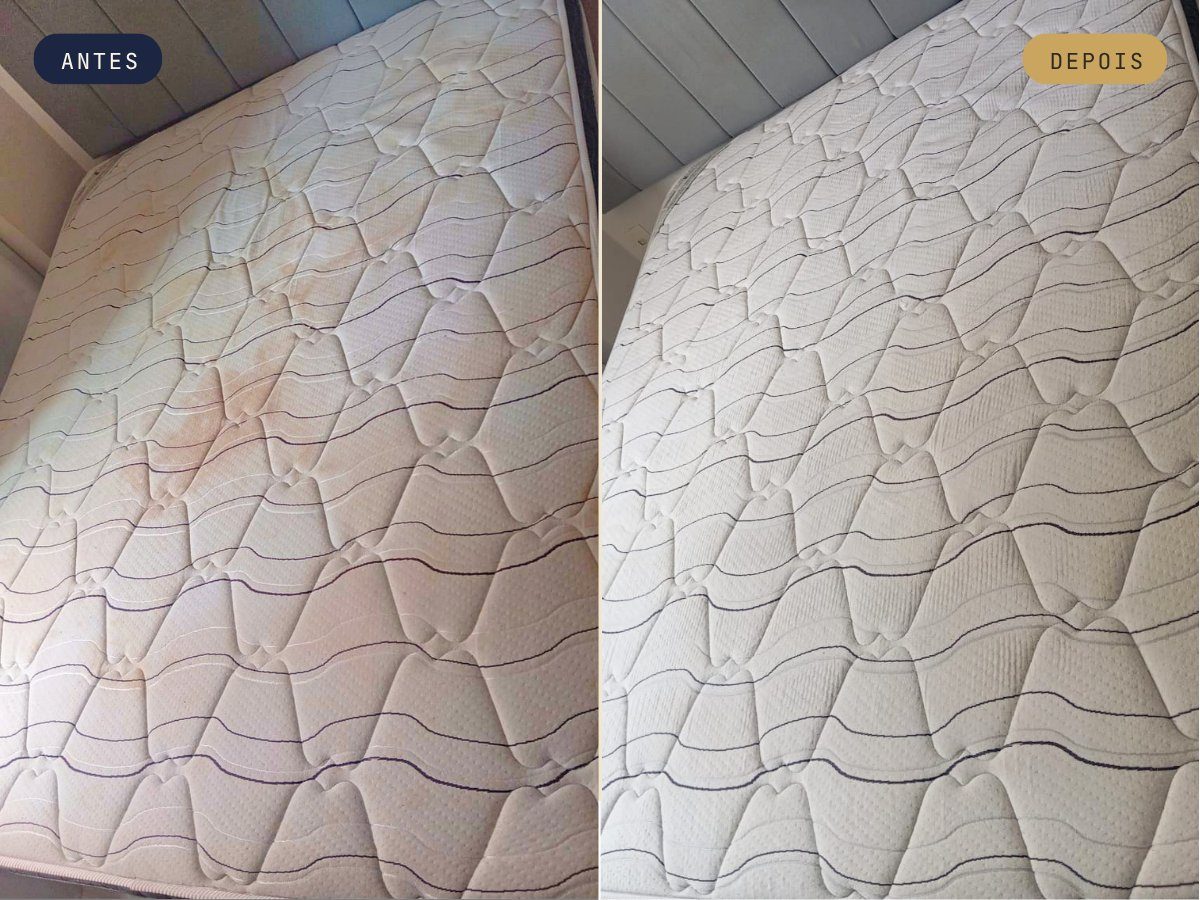 Antes e depois em detalhe do tecido do colchão higienizado pela LeWash
