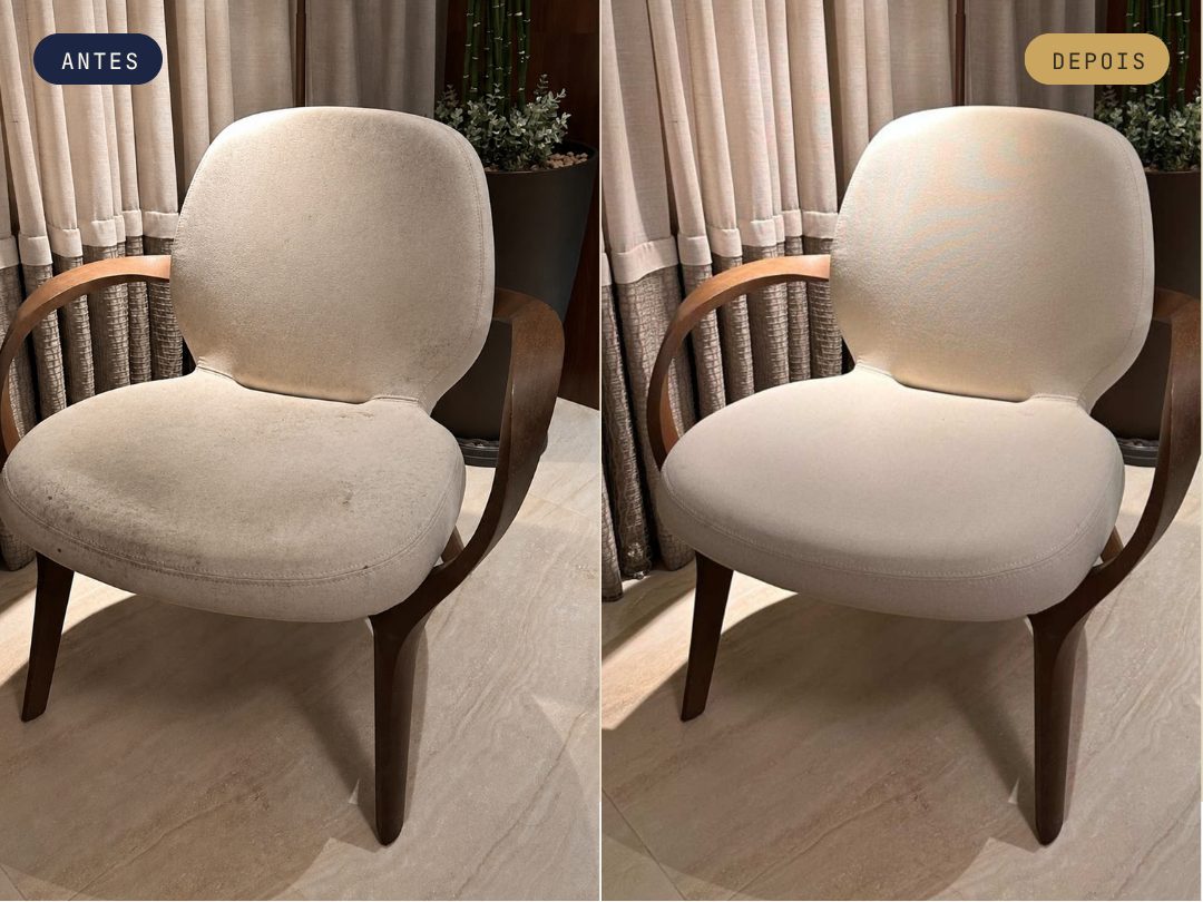 Antes e depois de uma poltrona higienizada pela LeWash