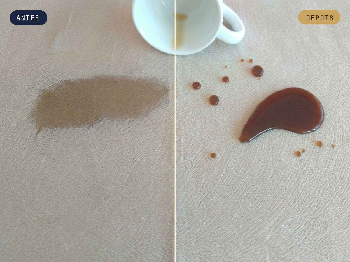 Antes e depois: café repelido por tecido impermeabilizado pela LeWash